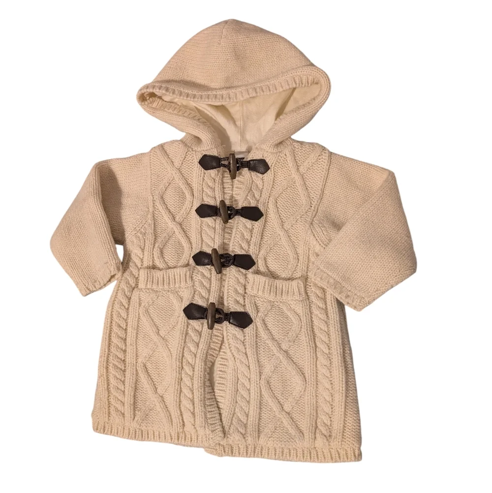 Y2K vintage baby Gap cream wool Hooded cable knit Sweater jacket Toggle Closures